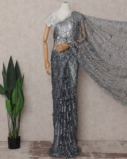 Silver French Chantilly Lace Saree | Regal