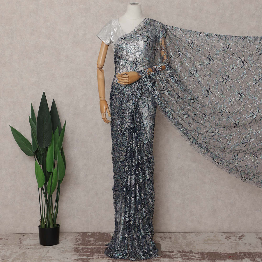 Silver French Chantilly Lace Saree | Regal