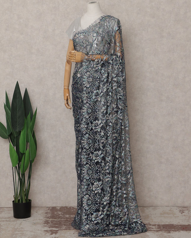 Silver French Chantilly Lace Saree | Regal