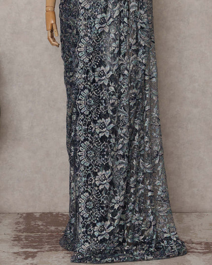 Silver French Chantilly Lace Saree | Regal