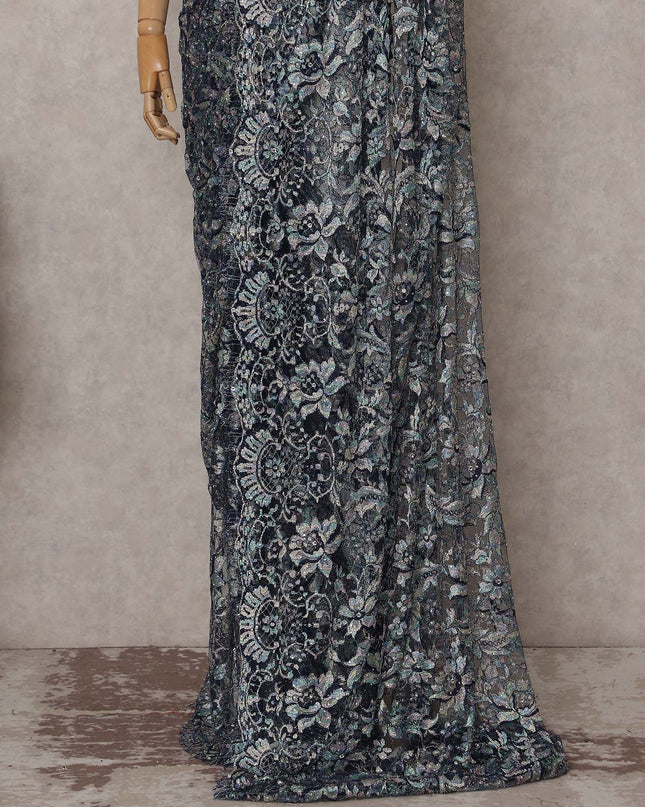 Silver French Chantilly Lace Saree | Regal