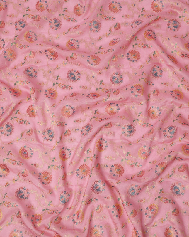 Pink Multicolor Floral Design Viscose Fabric with Metallic Detailing, 110 Cms Width, India-D24795