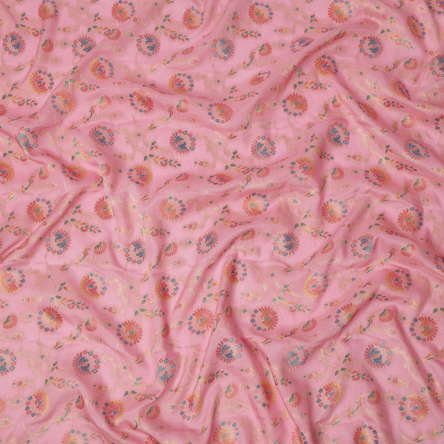 Pink Multicolor Floral Design Viscose Fabric with Metallic Detailing, 110 Cms Width, India-D24795