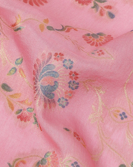 Pink Multicolor Floral Design Viscose Fabric with Metallic Detailing, 110 Cms Width, India-D24795