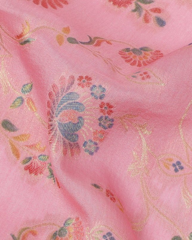 Pink Multicolor Floral Design Viscose Fabric with Metallic Detailing, 110 Cms Width, India-D24795