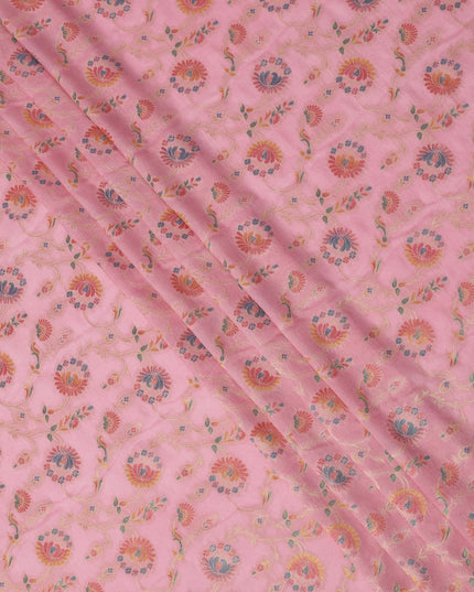 Pink Multicolor Floral Design Viscose Fabric with Metallic Detailing, 110 Cms Width, India-D24795