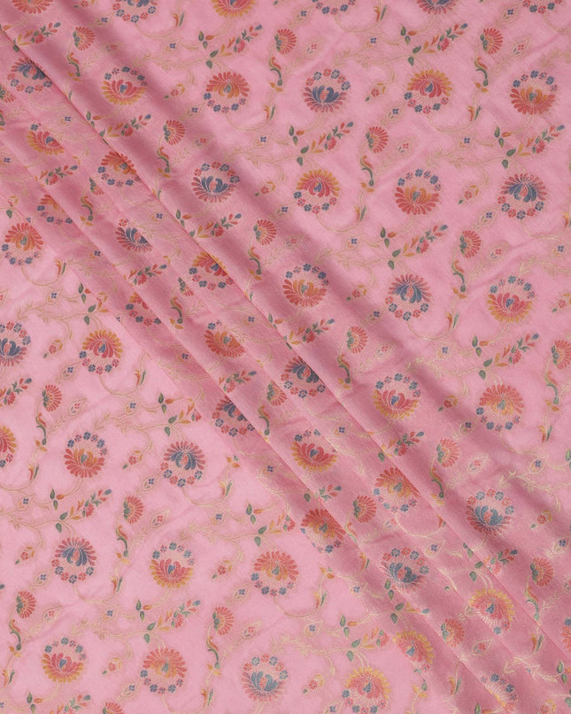Pink Multicolor Floral Design Viscose Fabric with Metallic Detailing, 110 Cms Width, India-D24795