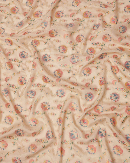 Beige Multicolor Floral Design Viscose Fabric with Metallic Detailing, 110 Cms Width, India-D24799