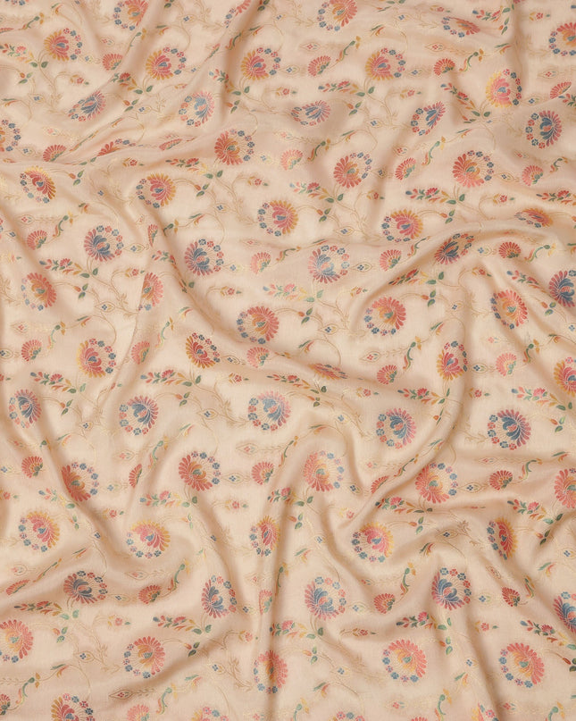 Beige Multicolor Floral Design Viscose Fabric with Metallic Detailing, 110 Cms Width, India-D24799