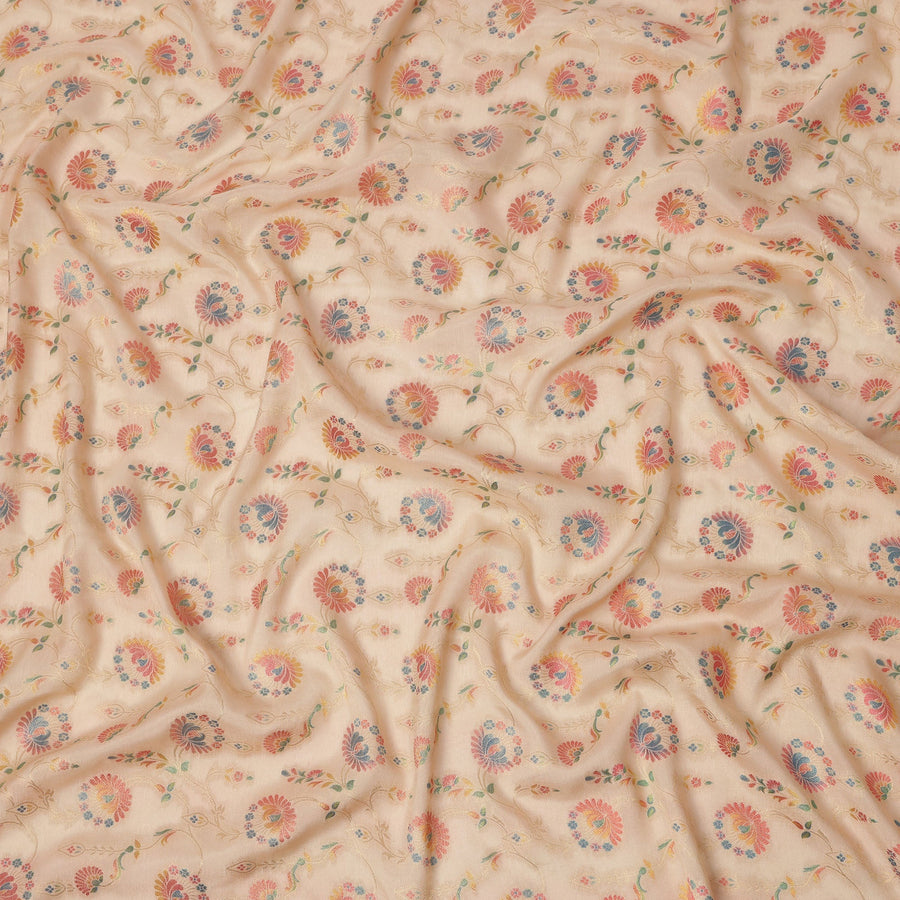 Beige Multicolor Floral Design Viscose Fabric with Metallic Detailing, 110 Cms Width, India-D24799