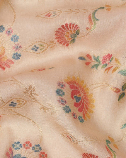 Beige Multicolor Floral Design Viscose Fabric with Metallic Detailing, 110 Cms Width, India-D24799