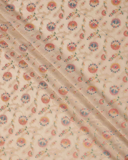 Beige Multicolor Floral Design Viscose Fabric with Metallic Detailing, 110 Cms Width, India-D24799