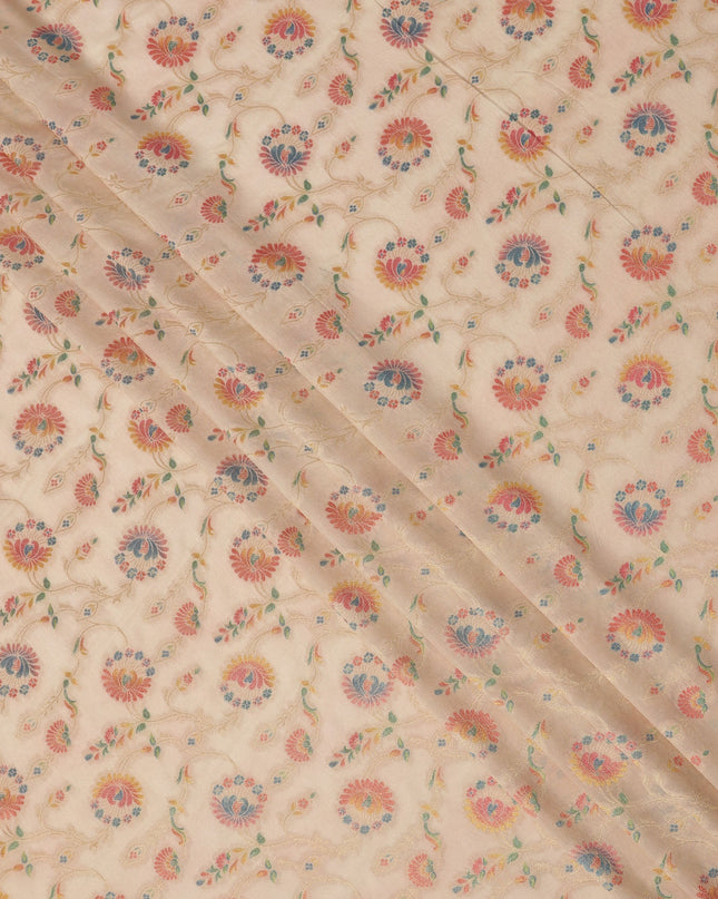 Beige Multicolor Floral Design Viscose Fabric with Metallic Detailing, 110 Cms Width, India-D24799