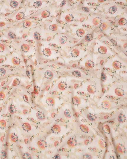Beige Multicolor Floral Design Viscose Fabric with Metallic Detailing, 110 Cms Width, India-D24794