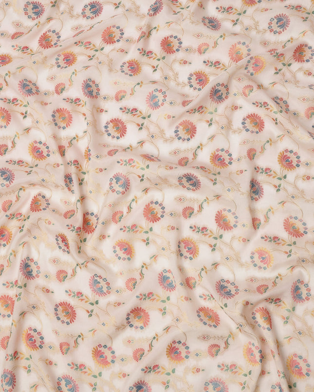 Beige Multicolor Floral Design Viscose Fabric with Metallic Detailing, 110 Cms Width, India-D24794