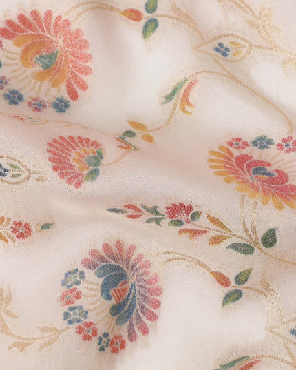 Beige Multicolor Floral Design Viscose Fabric with Metallic Detailing, 110 Cms Width, India-D24794