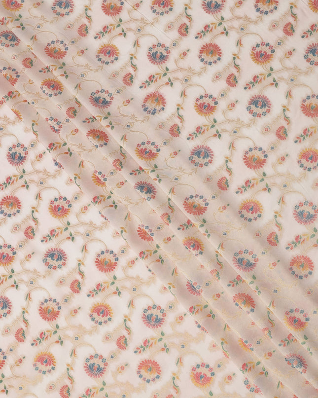 Beige Multicolor Floral Design Viscose Fabric with Metallic Detailing, 110 Cms Width, India-D24794