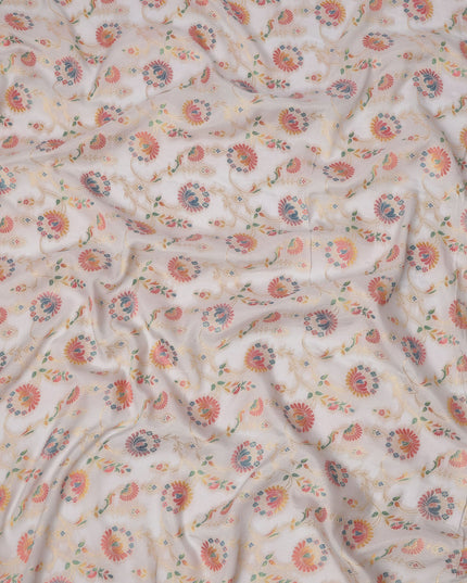 White Multicolor Floral Design Viscose Fabric with Metallic Detailing, 110 Cms Width, India-D24793