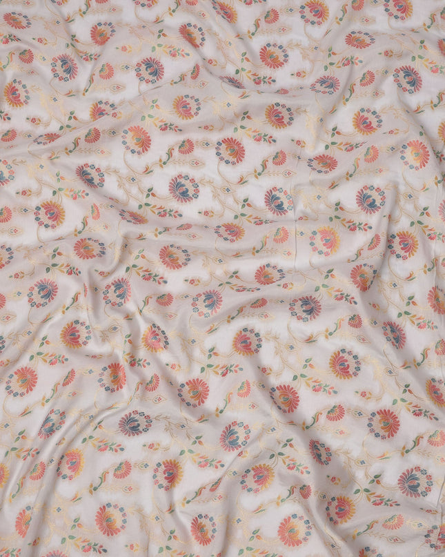 White Multicolor Floral Design Viscose Fabric with Metallic Detailing, 110 Cms Width, India-D24793