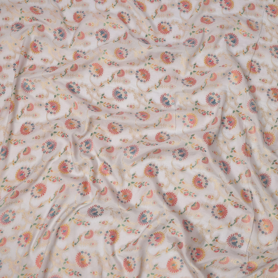 White Multicolor Floral Design Viscose Fabric with Metallic Detailing, 110 Cms Width, India-D24793