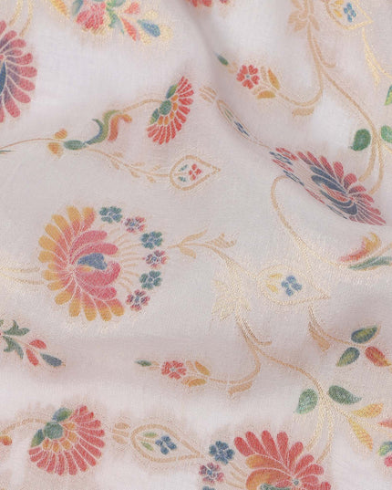 White Multicolor Floral Design Viscose Fabric with Metallic Detailing, 110 Cms Width, India-D24793