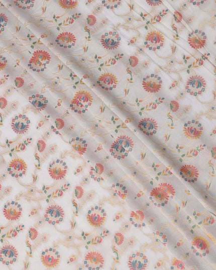 White Multicolor Floral Design Viscose Fabric with Metallic Detailing, 110 Cms Width, India-D24793