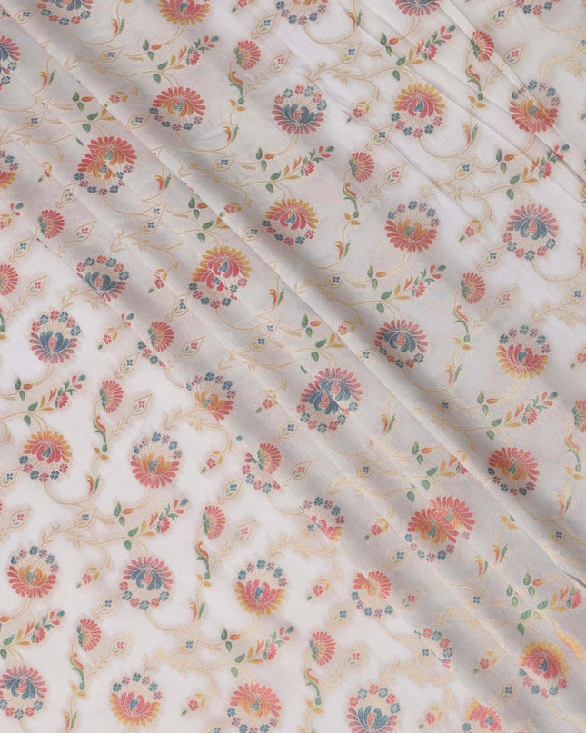 White Multicolor Floral Design Viscose Fabric with Metallic Detailing, 110 Cms Width, India-D24793