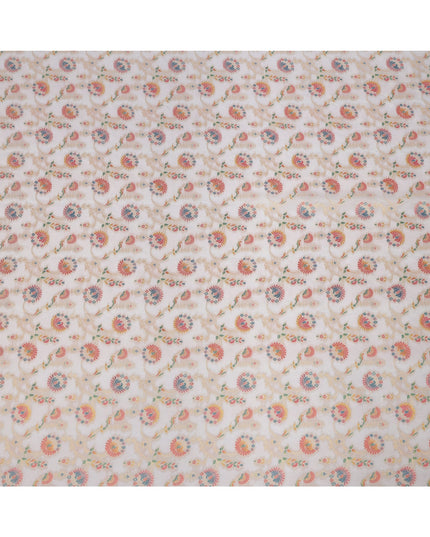 White Multicolor Floral Design Viscose Fabric with Metallic Detailing, 110 Cms Width, India-D24793