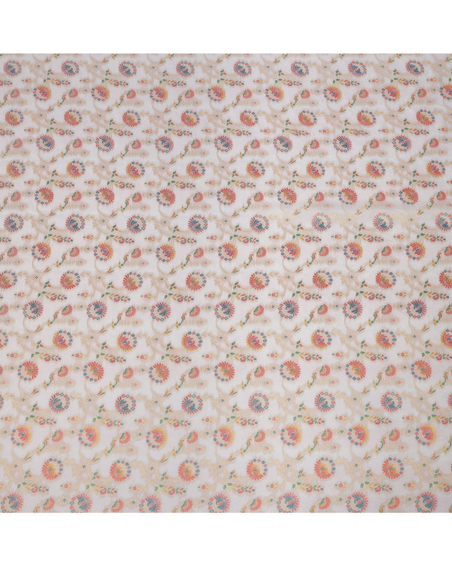 White Multicolor Floral Design Viscose Fabric with Metallic Detailing, 110 Cms Width, India-D24793