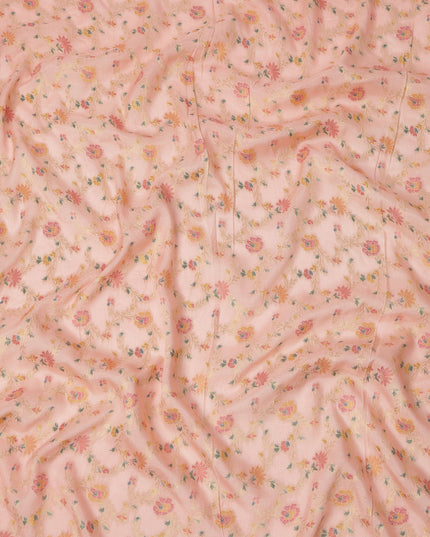 Peach Multicolor Floral Design Viscose Fabric with Metallic Detailing, 110 Cms Width, India-D24800