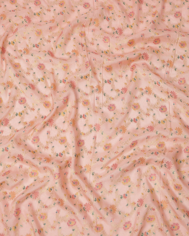 Peach Multicolor Floral Design Viscose Fabric with Metallic Detailing, 110 Cms Width, India-D24800
