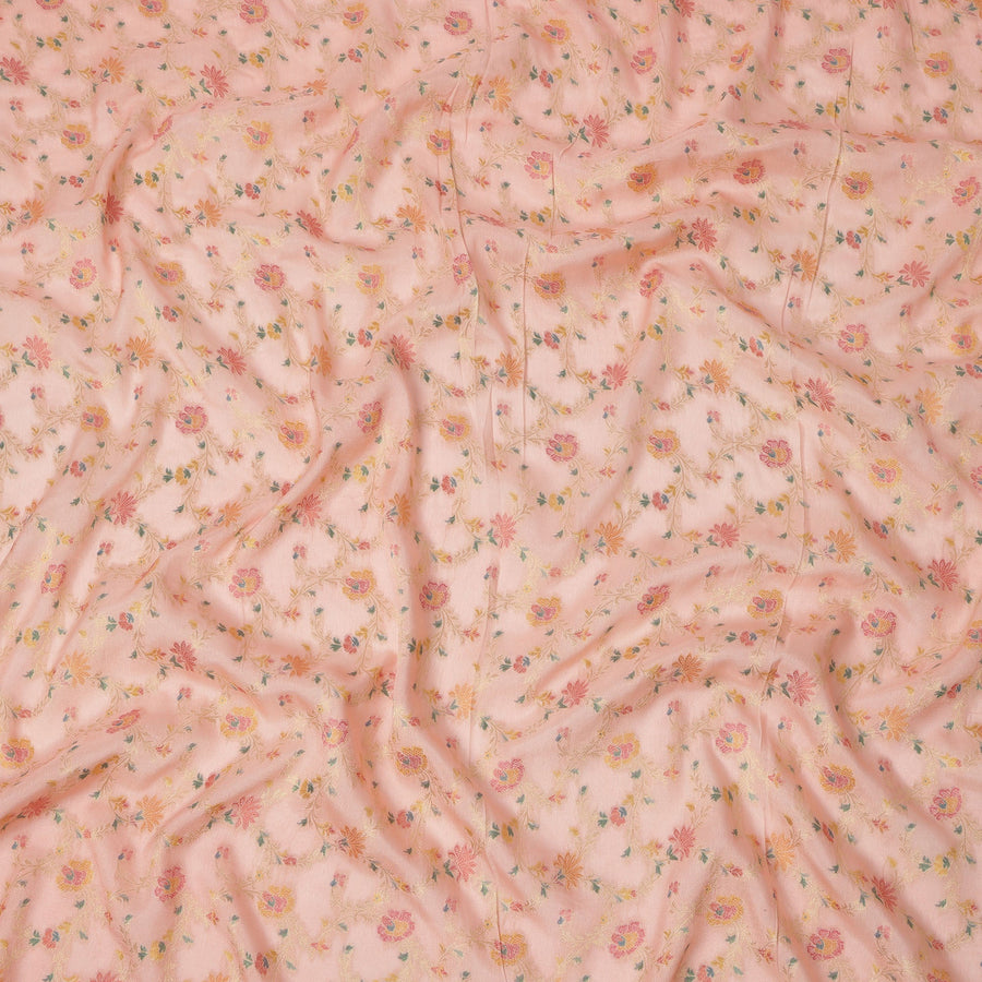 Peach Multicolor Floral Design Viscose Fabric with Metallic Detailing, 110 Cms Width, India-D24800