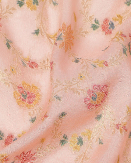 Peach Multicolor Floral Design Viscose Fabric with Metallic Detailing, 110 Cms Width, India-D24800