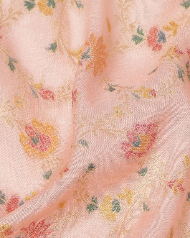 Peach Multicolor Floral Design Viscose Fabric with Metallic Detailing, 110 Cms Width, India-D24800