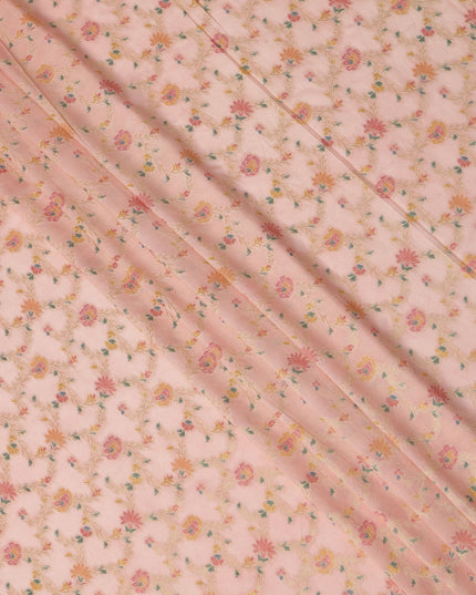 Peach Multicolor Floral Design Viscose Fabric with Metallic Detailing, 110 Cms Width, India-D24800