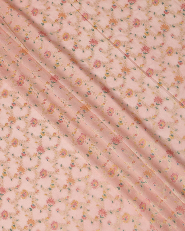 Peach Multicolor Floral Design Viscose Fabric with Metallic Detailing, 110 Cms Width, India-D24800