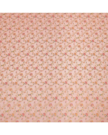 Peach Multicolor Floral Design Viscose Fabric with Metallic Detailing, 110 Cms Width, India-D24800