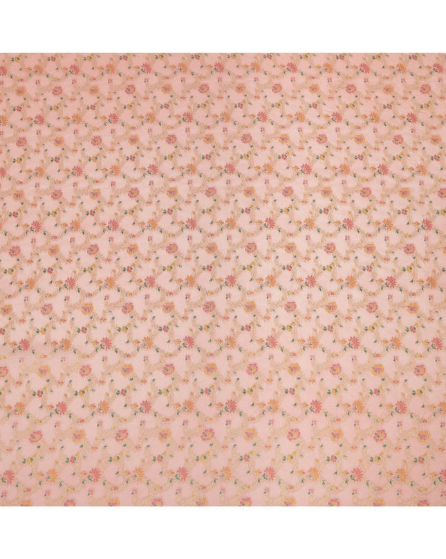 Peach Multicolor Floral Design Viscose Fabric with Metallic Detailing, 110 Cms Width, India-D24800