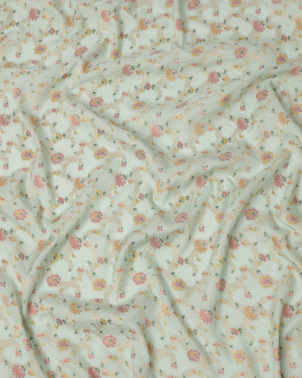 Mint Green Multicolor Floral Design Viscose Fabric with Metallic Detailing, 110 Cms Width, India-D24797