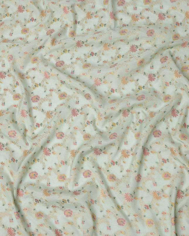 Mint Green Multicolor Floral Design Viscose Fabric with Metallic Detailing, 110 Cms Width, India-D24797