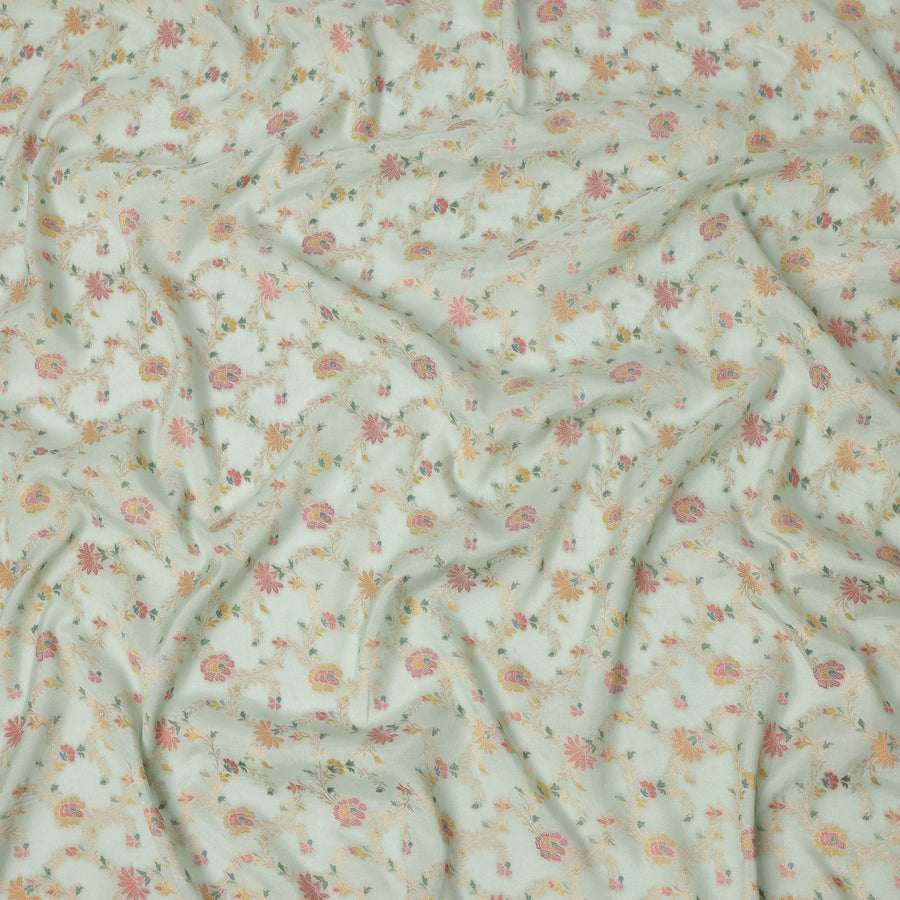 Mint Green Multicolor Floral Design Viscose Fabric with Metallic Detailing, 110 Cms Width, India-D24797