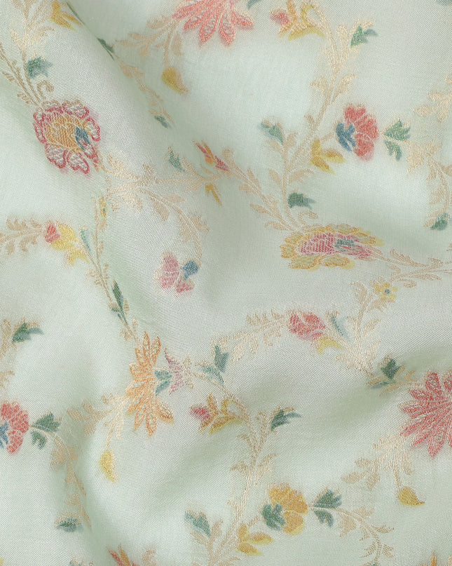 Mint Green Multicolor Floral Design Viscose Fabric with Metallic Detailing, 110 Cms Width, India-D24797
