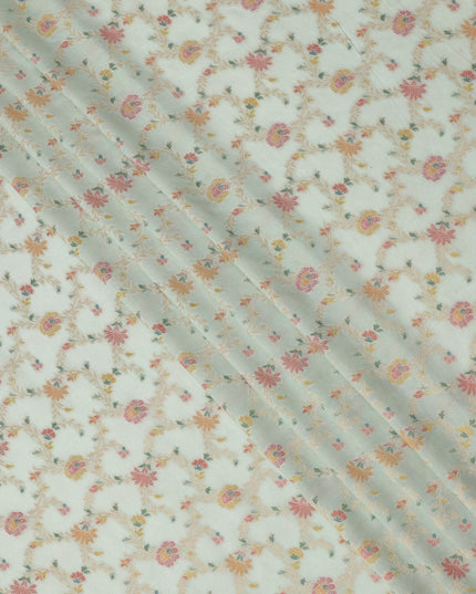 Mint Green Multicolor Floral Design Viscose Fabric with Metallic Detailing, 110 Cms Width, India-D24797