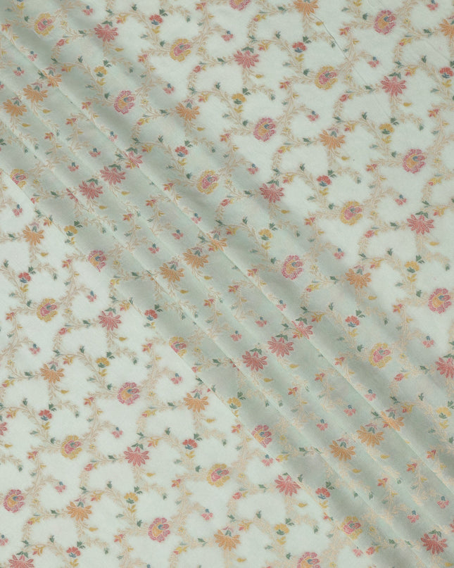 Mint Green Multicolor Floral Design Viscose Fabric with Metallic Detailing, 110 Cms Width, India-D24797