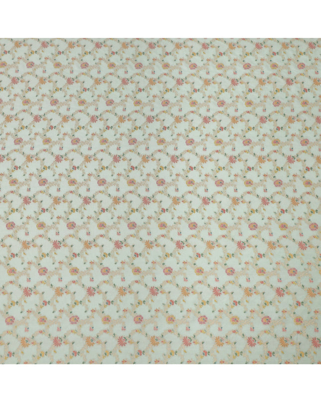 Mint Green Multicolor Floral Design Viscose Fabric with Metallic Detailing, 110 Cms Width, India-D24797