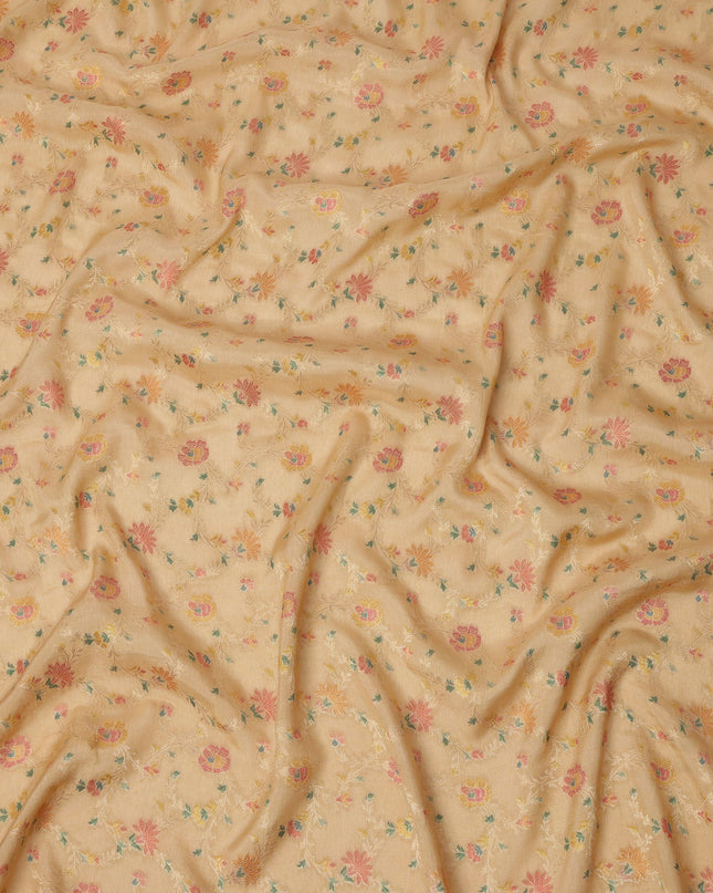 Mustard Yellow Multicolor Floral Design Viscose Fabric with Metallic Detailing, 110 Cms Width, India-D24796