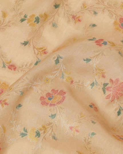 Mustard Yellow Multicolor Floral Design Viscose Fabric with Metallic Detailing, 110 Cms Width, India-D24796