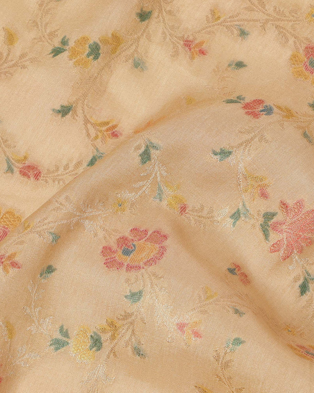 Mustard Yellow Multicolor Floral Design Viscose Fabric with Metallic Detailing, 110 Cms Width, India-D24796