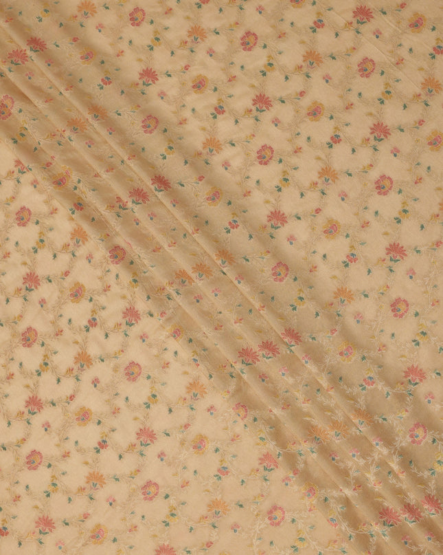 Mustard Yellow Multicolor Floral Design Viscose Fabric with Metallic Detailing, 110 Cms Width, India-D24796