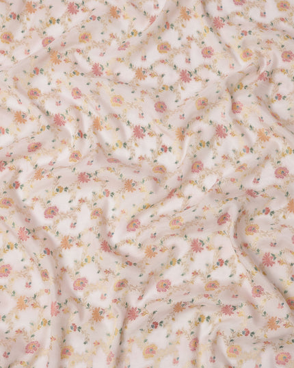 Light Pink Multicolor Floral Design Viscose Fabric with Metallic Detailing, 110 Cms Width, India-D24798